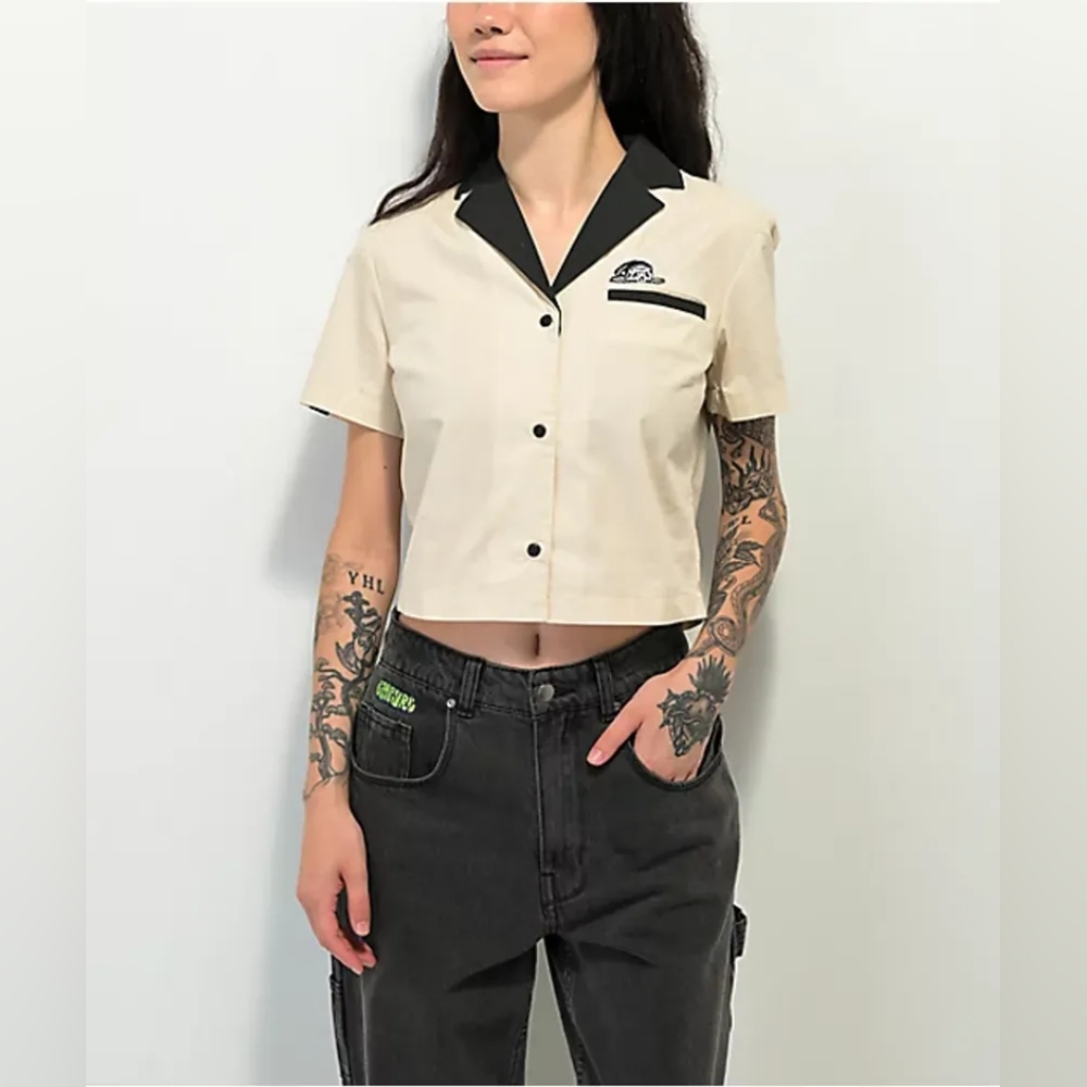 Lurking Class by Sketchy Tank Look Work Tan Crop Woven Shirt